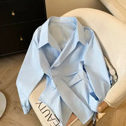 Irregular long-sleeve polo shirt for women, light-blue blouse by Simples Market, workwear top