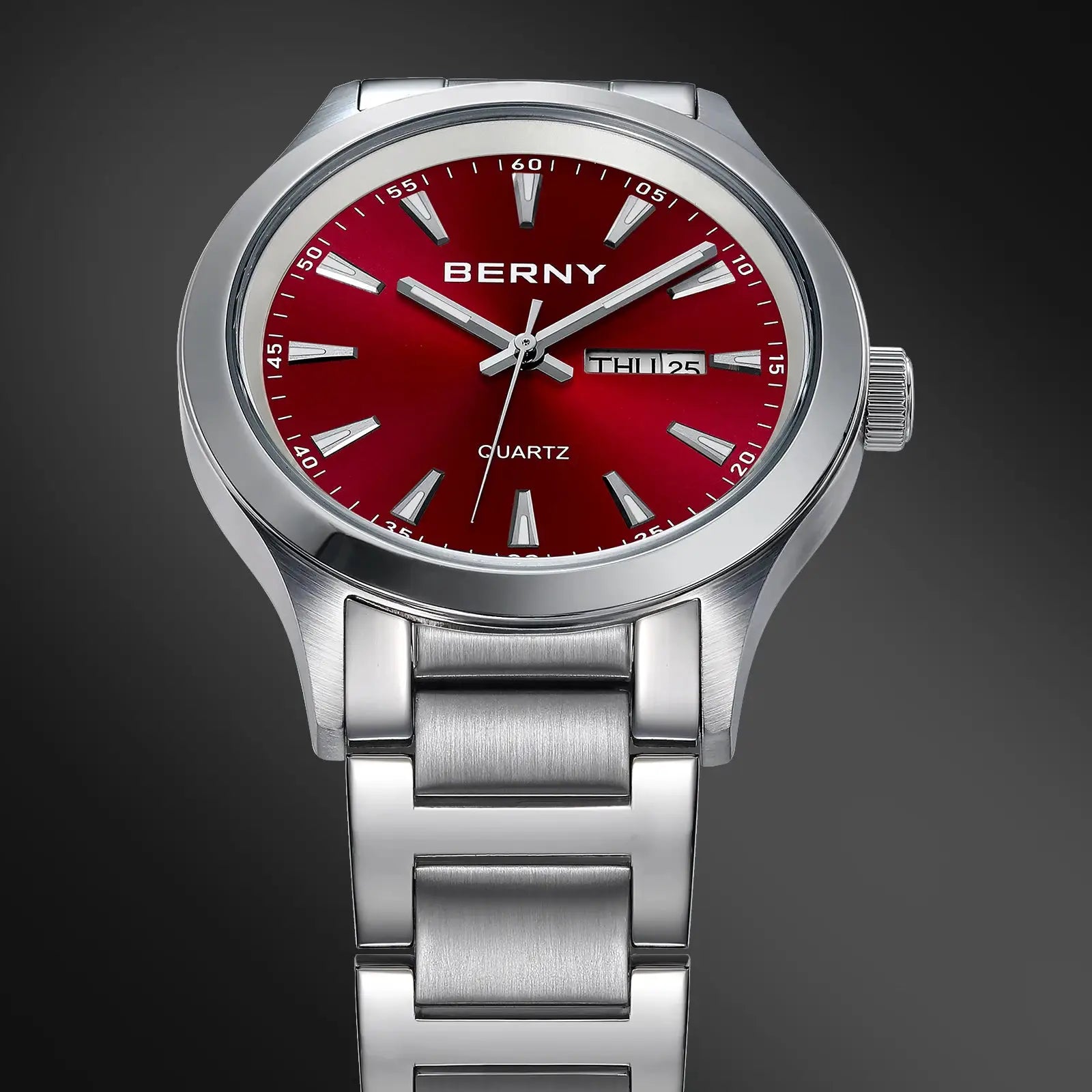 BERNY men's quartz watch with stainless steel band and red dial, date window.