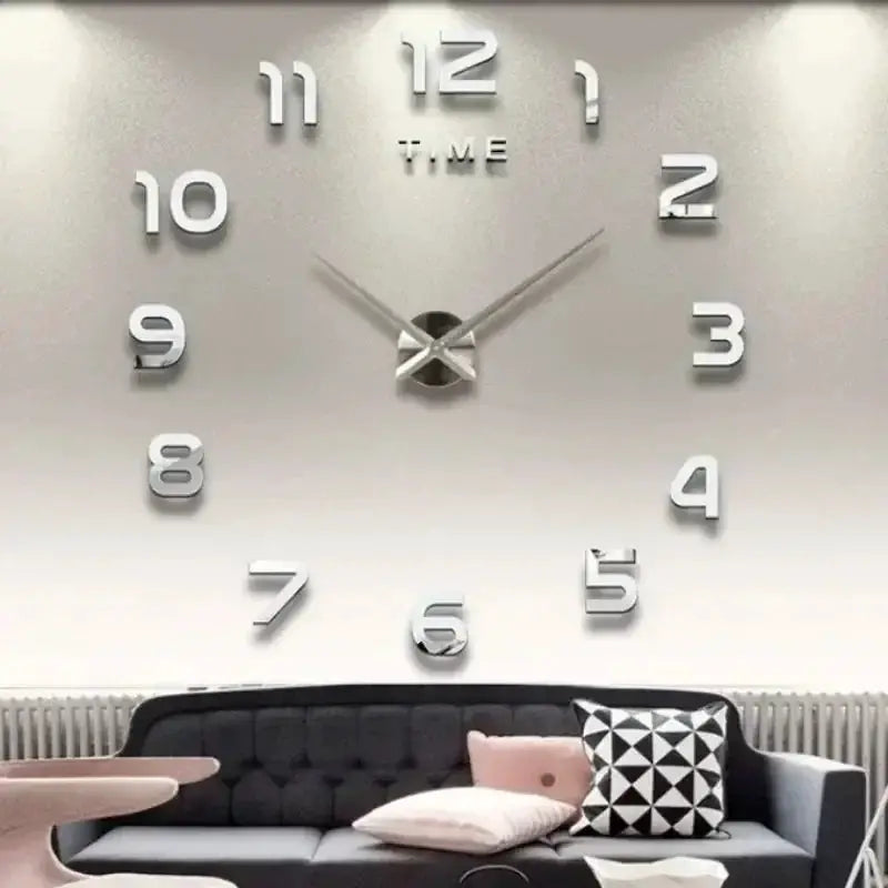 Simples Market wall clock decals with large silver 3D numbers arranged on a gray wall