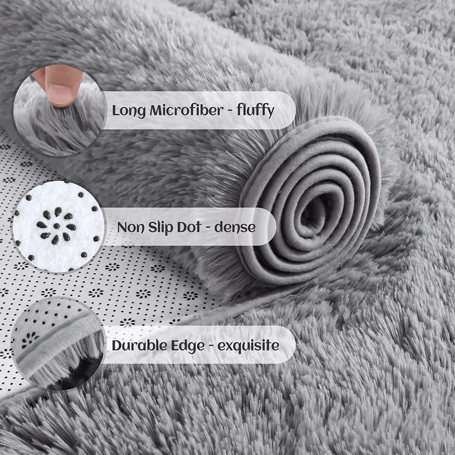 Soft microfiber shag rug; fluffy bedroom and living room carpet with non-slip dotted underside