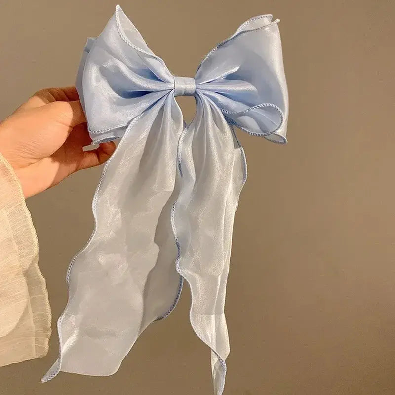 Elegant Blue Satin Chiffon Bow Hair Clip Barrette For Women And Girls With Shiny Bow Knot Accessory