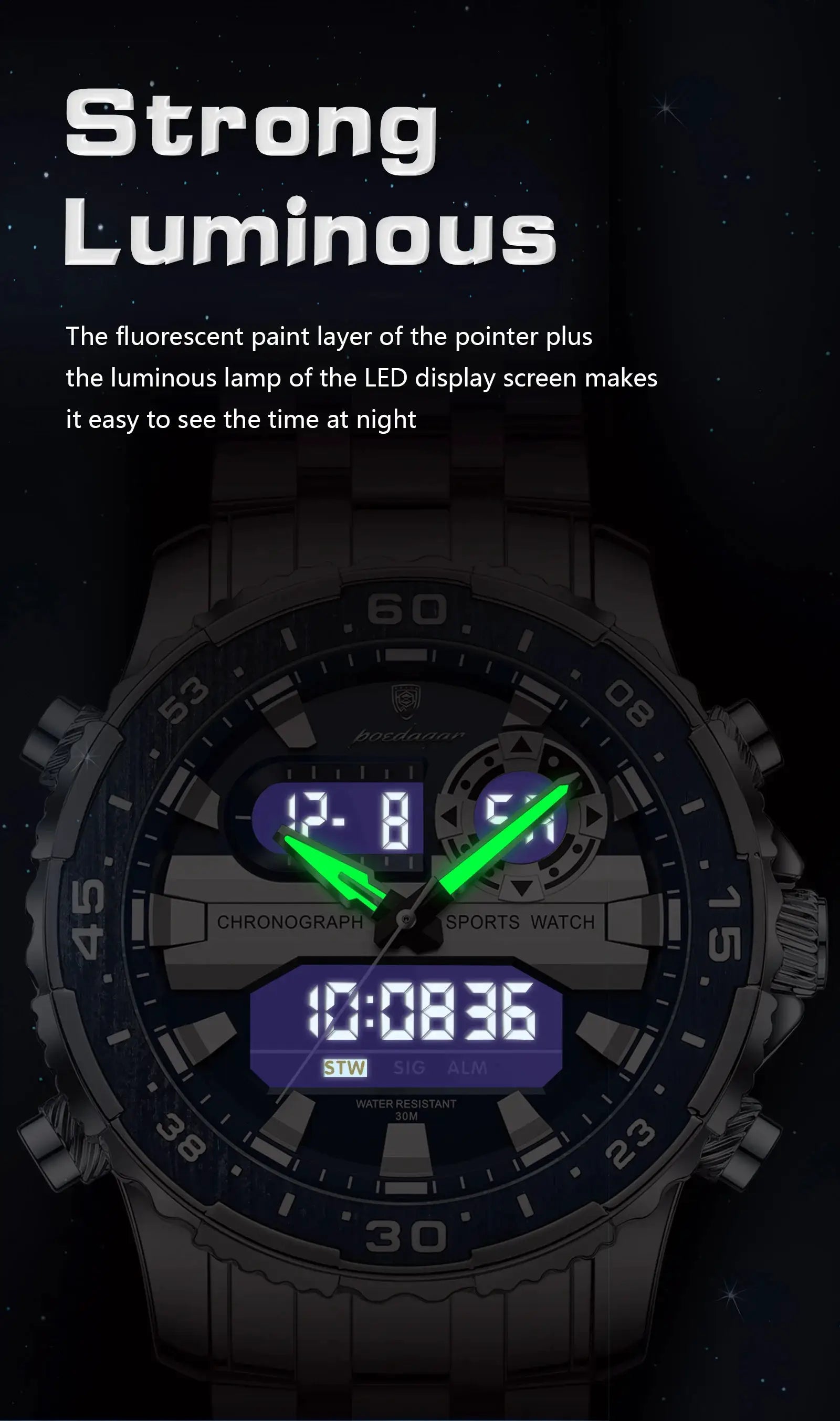 POEDAGAR men's digital wristwatch with LED luminous display and dual time, stainless steel bracelet
