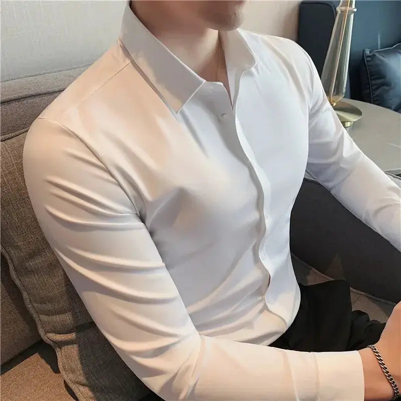 Premium men's silky ultra-stretch white dress shirt, long-sleeve, tailored fit.
