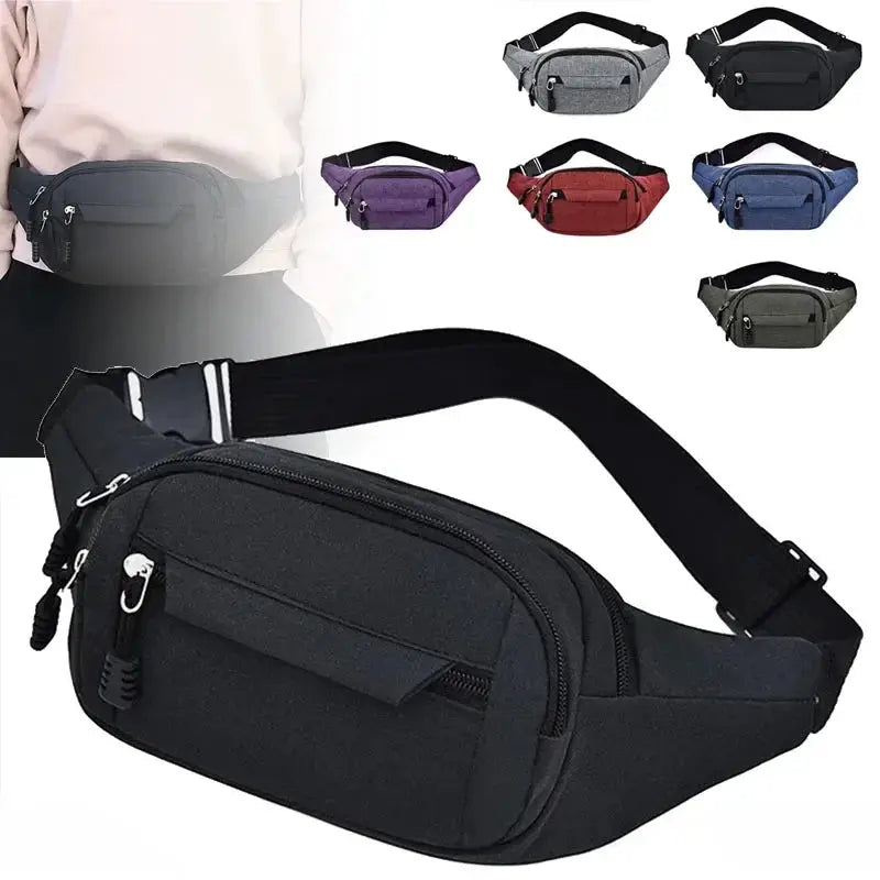Simples Market black waist bag, multifunctional large-capacity belt bag with adjustable strap; shown in six color options.