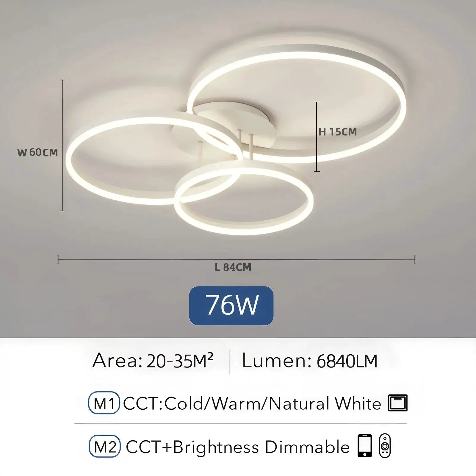 Smart ceiling chandelier by Simples Market, white circular LED rings with remote control