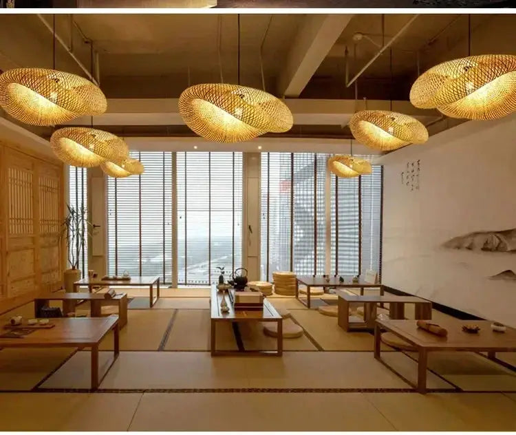 40-80cm bamboo weaving LED pendant light, handmade vintage lampshade for dining and living rooms