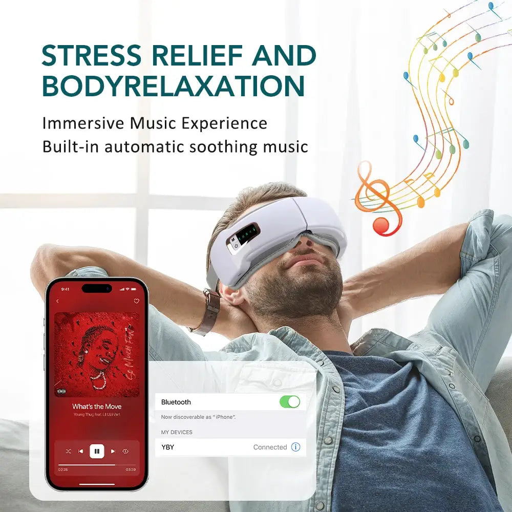Foldable white eye massager with air pressure airbags, heat, vibration and Bluetooth music