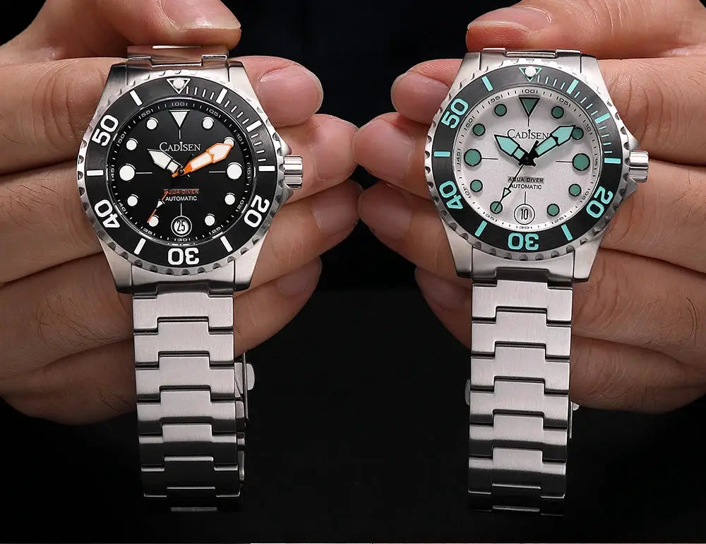 Cadisen Aqua Diver watches, two stainless steel divers; black dial with orange hands, automatic