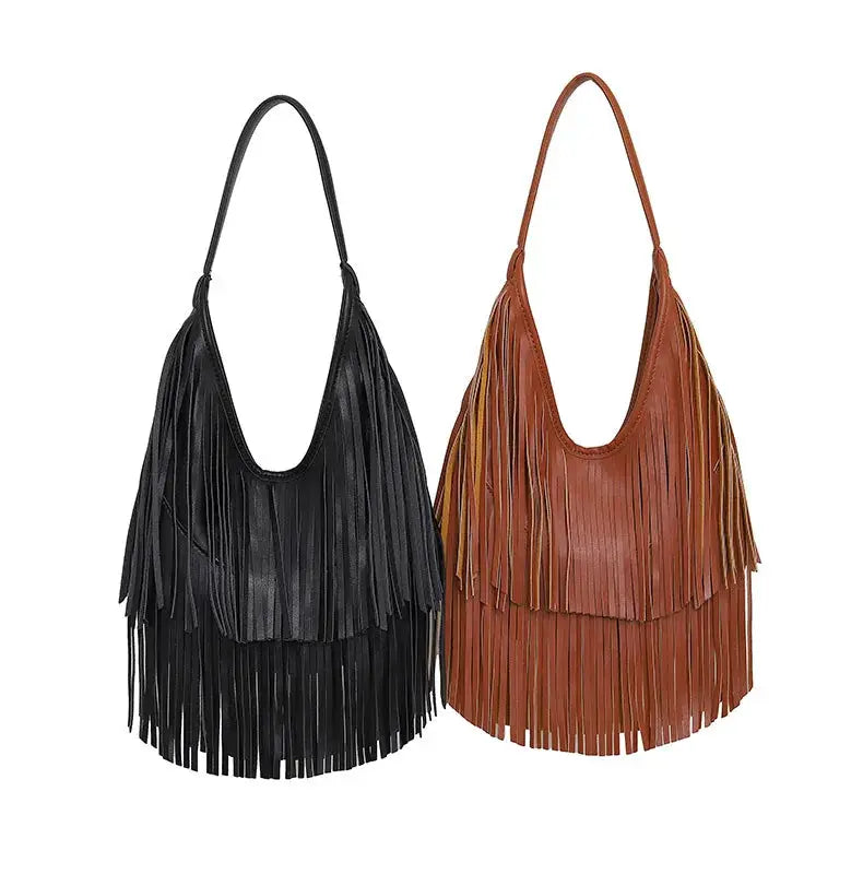 Long tassel PU leather handbag by Simples Market; black and brown fringe hobo bags, 2-piece set