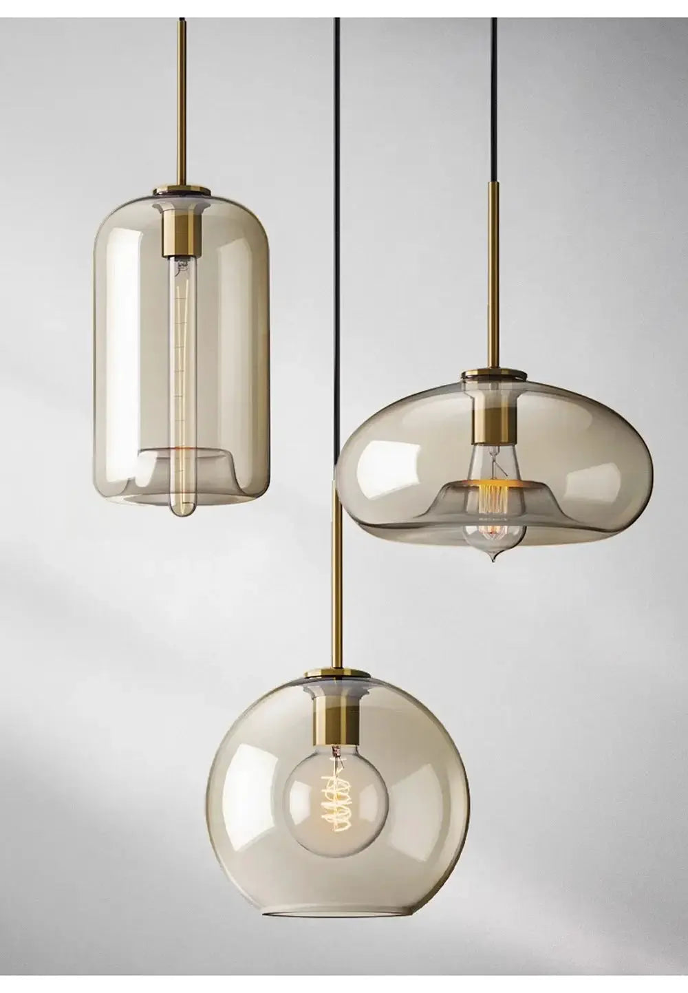 Nordic LED glass chandelier with 3 amber glass pendants and brass fittings