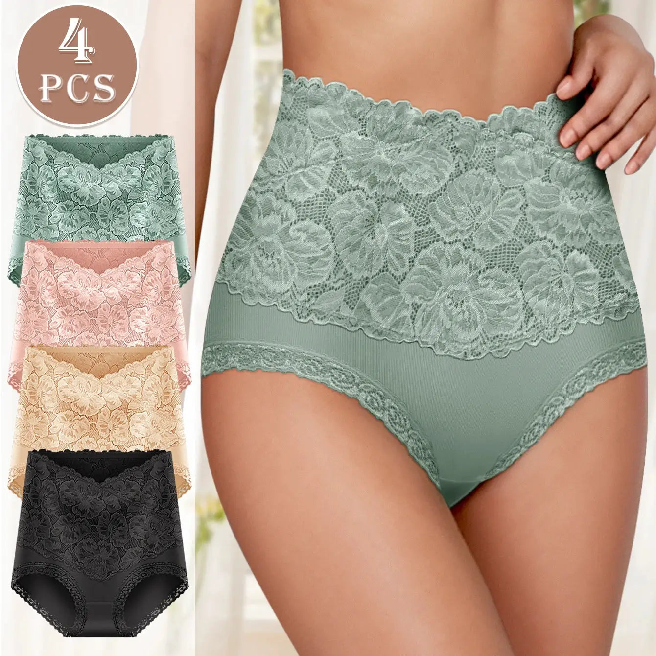 4pc high-waisted lace panties set in green, pink, beige, black; jacquard pattern, hip-lifting, cotton Simples Market.