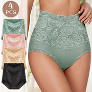 4pc high-waisted lace panties set in green, pink, beige, black; jacquard pattern, hip-lifting, cotton Simples Market.