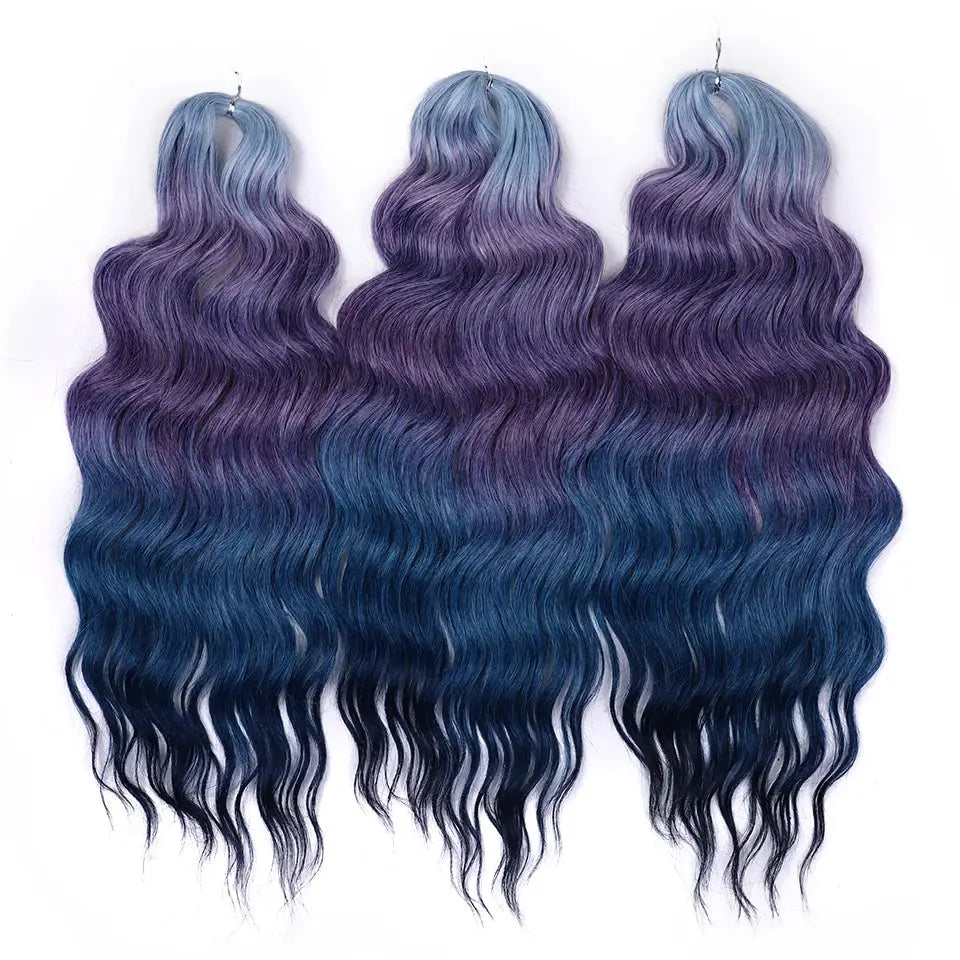 Anna synthetic hair 24in water wave braiding extensions, ombre blue to purple, 3 bundles