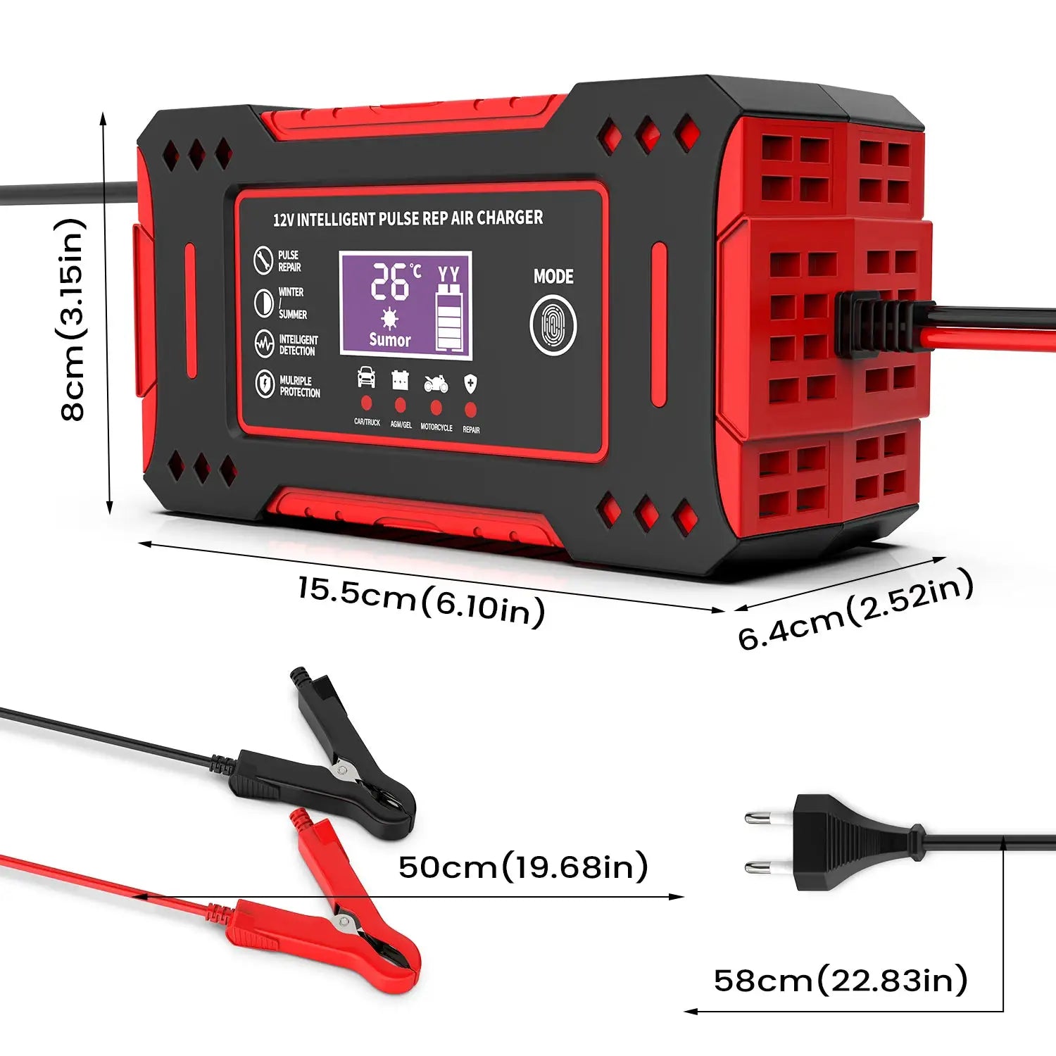 Simples Market 12V intelligent pulse car/motorcycle battery charger with LCD display, 6A, red and black