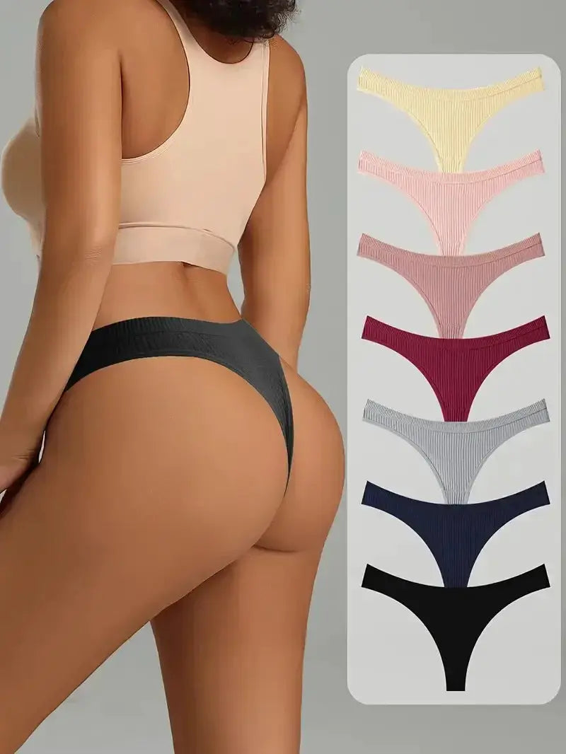 7-pack women’s cotton thong underwear in assorted striped colors, plus size Simples Market