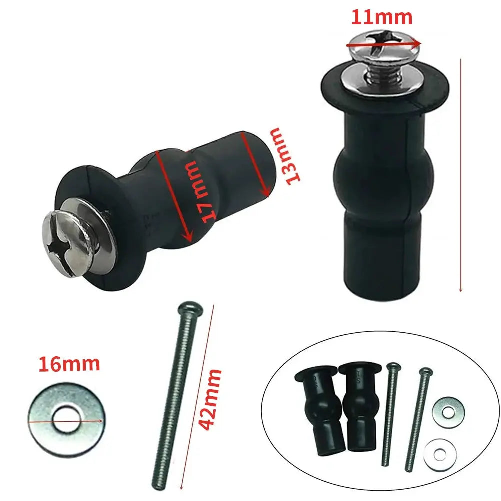 Simples Market O-shaped toilet seat bolt kit; black plastic hardware with screws and washers (2 bolts, 2 washers)