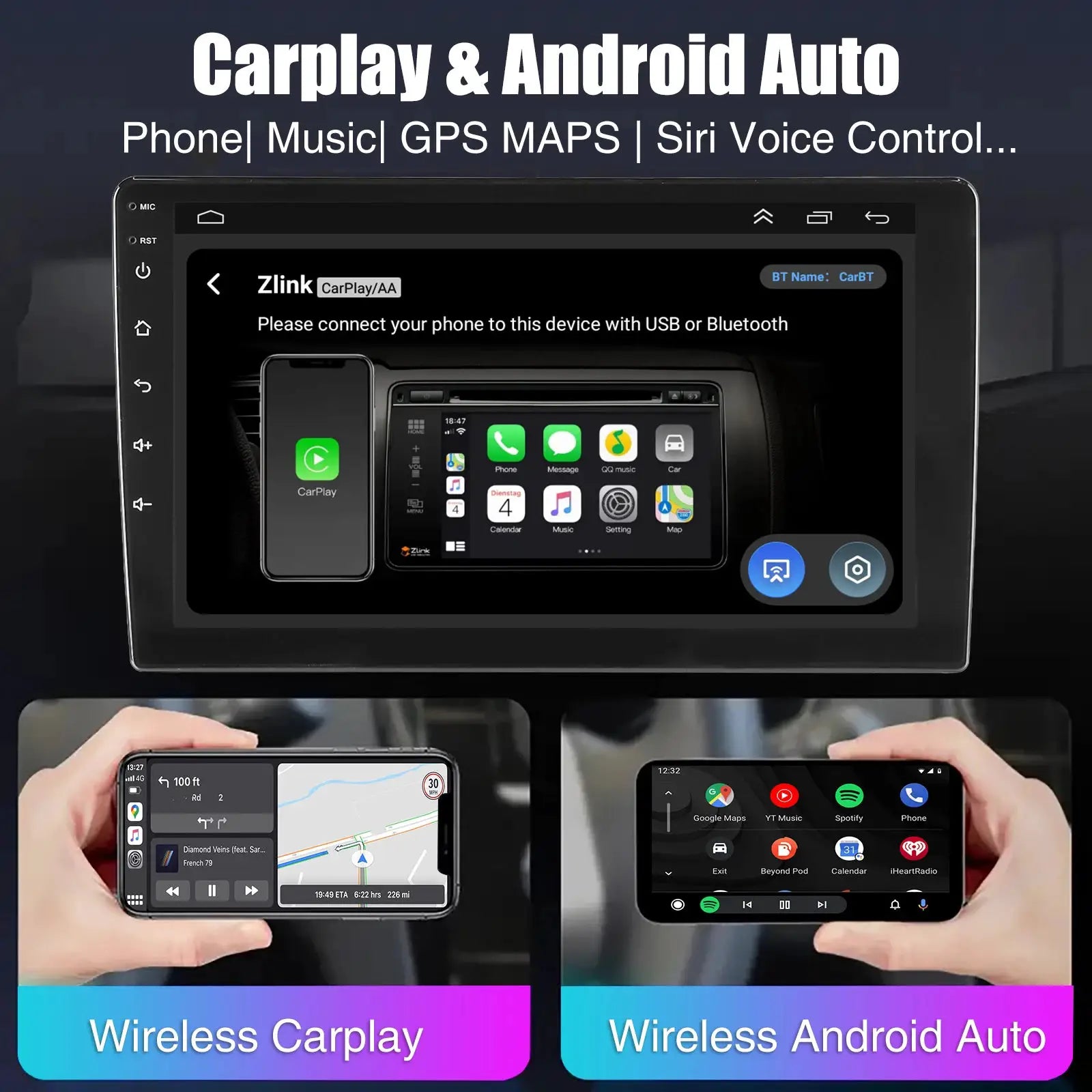 ESSGOO 7/9/10-inch car stereo head unit with Android Auto and CarPlay, wireless GPS navigation