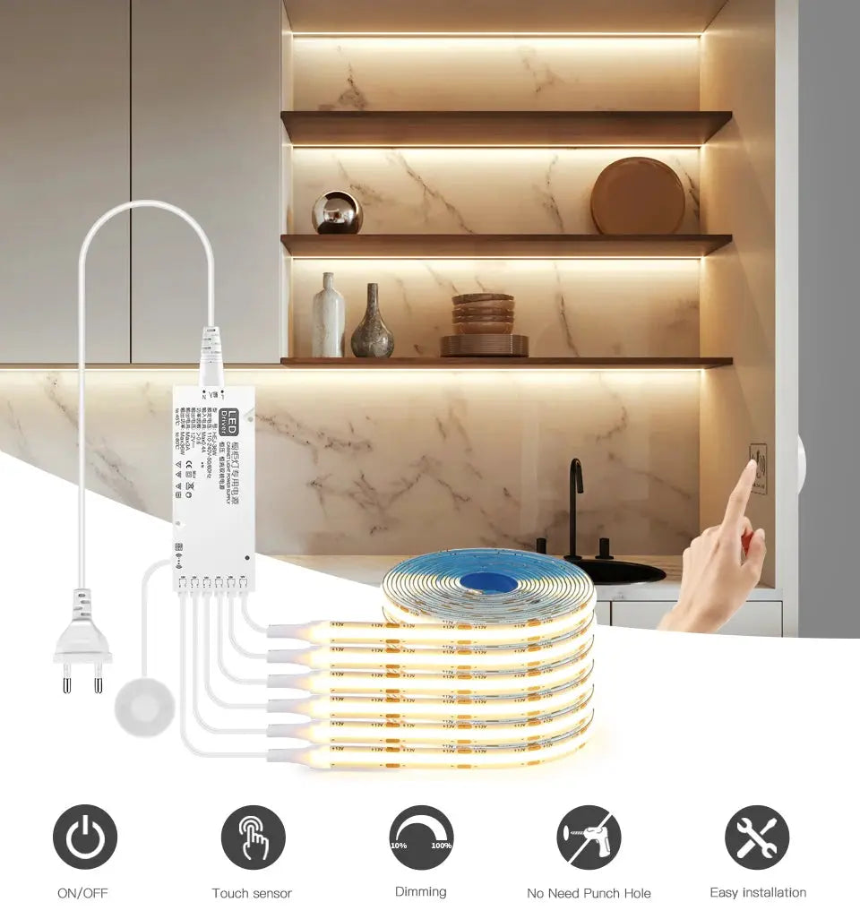 LED COB light strip kit; touch-dimmable, warm-white under-cabinet wall light