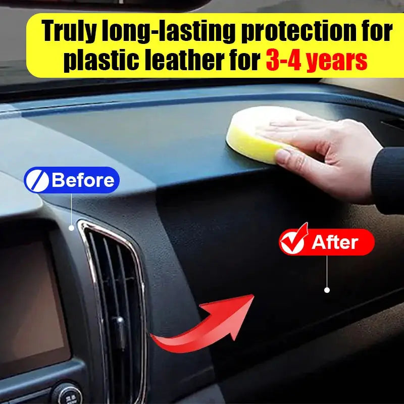 Car plastic restorer Back To Black gloss coating for dashboard plastics; sponge-applied, before/after results.