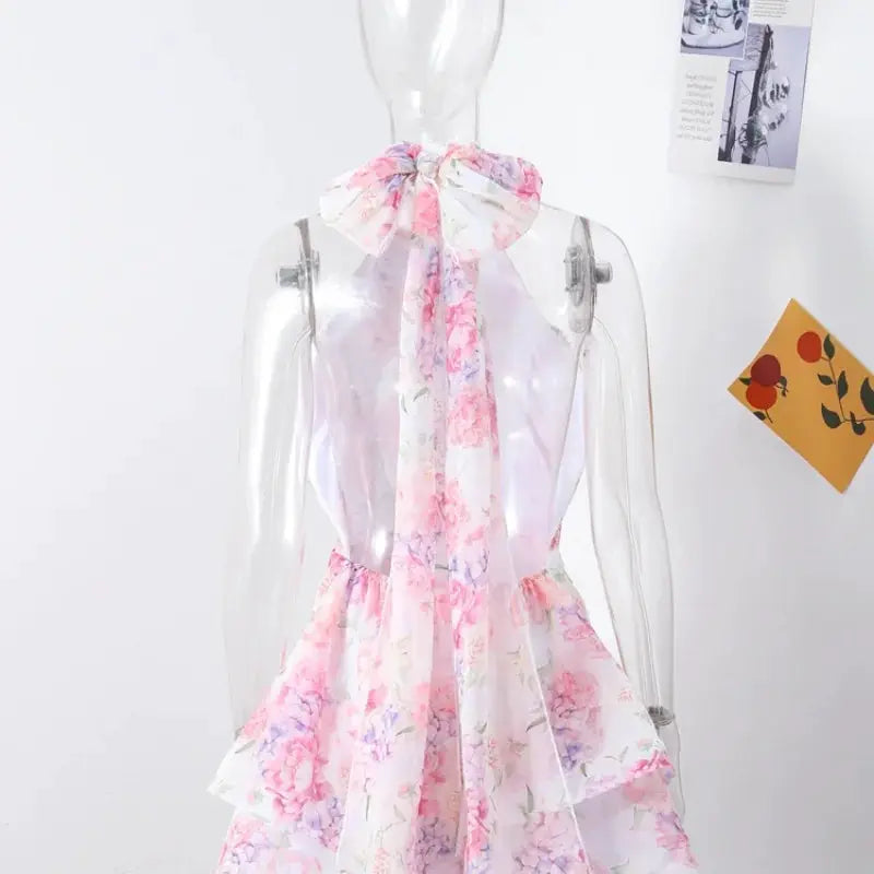 Floral Printed Backless Mini Dress Sleeveless A Line Party Clubwear