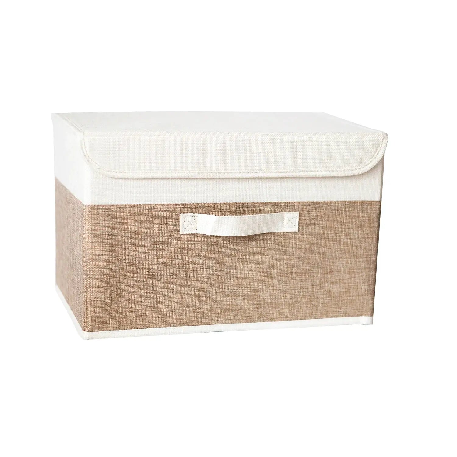 Fabric storage box with lid; white top and beige body, cotton-linen fabric with side handle
