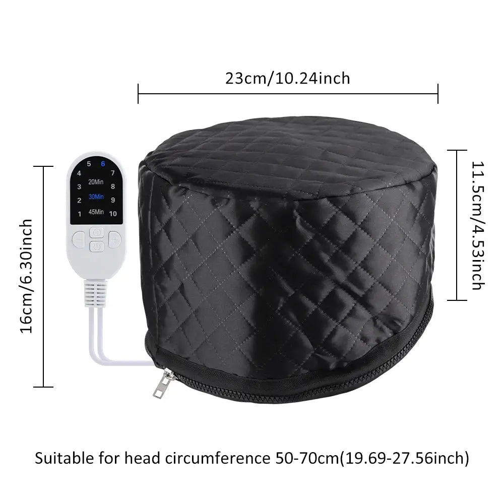 Hair steamer cap by Simples Market; black quilted heating bonnet with remote and 3-timer settings