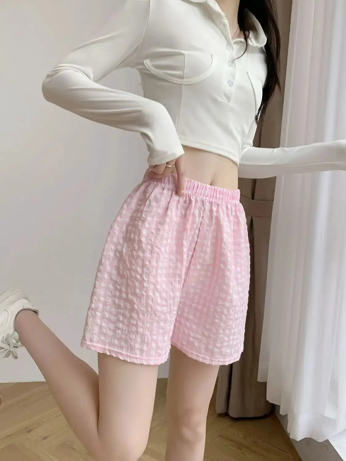 Simples Market Summer Home Shorts, pink checkered high-waisted pajama shorts with elastic waistband