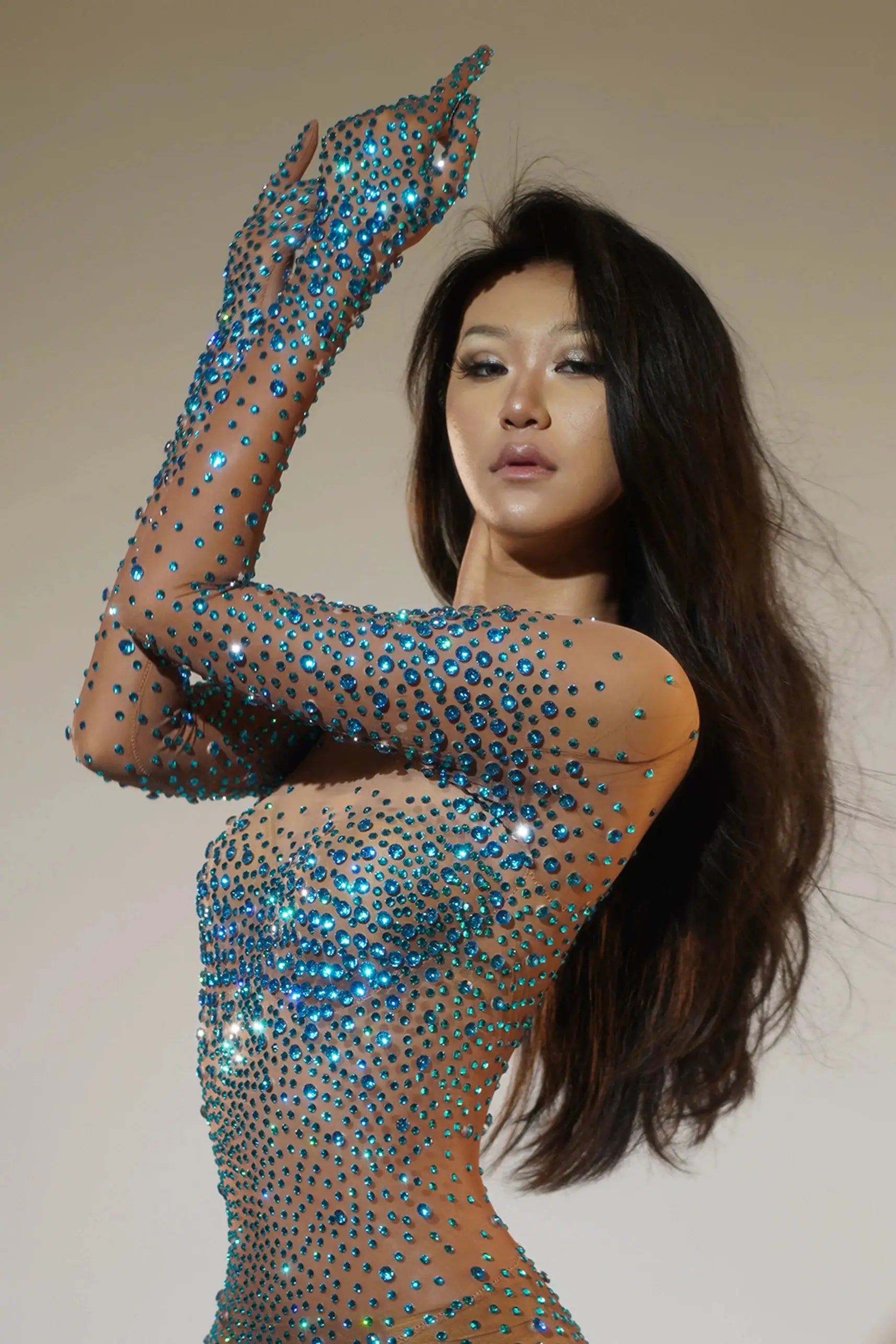 Rhinestone-studded sheer mesh jumpsuit for women with blue gems, nightclub stage wear