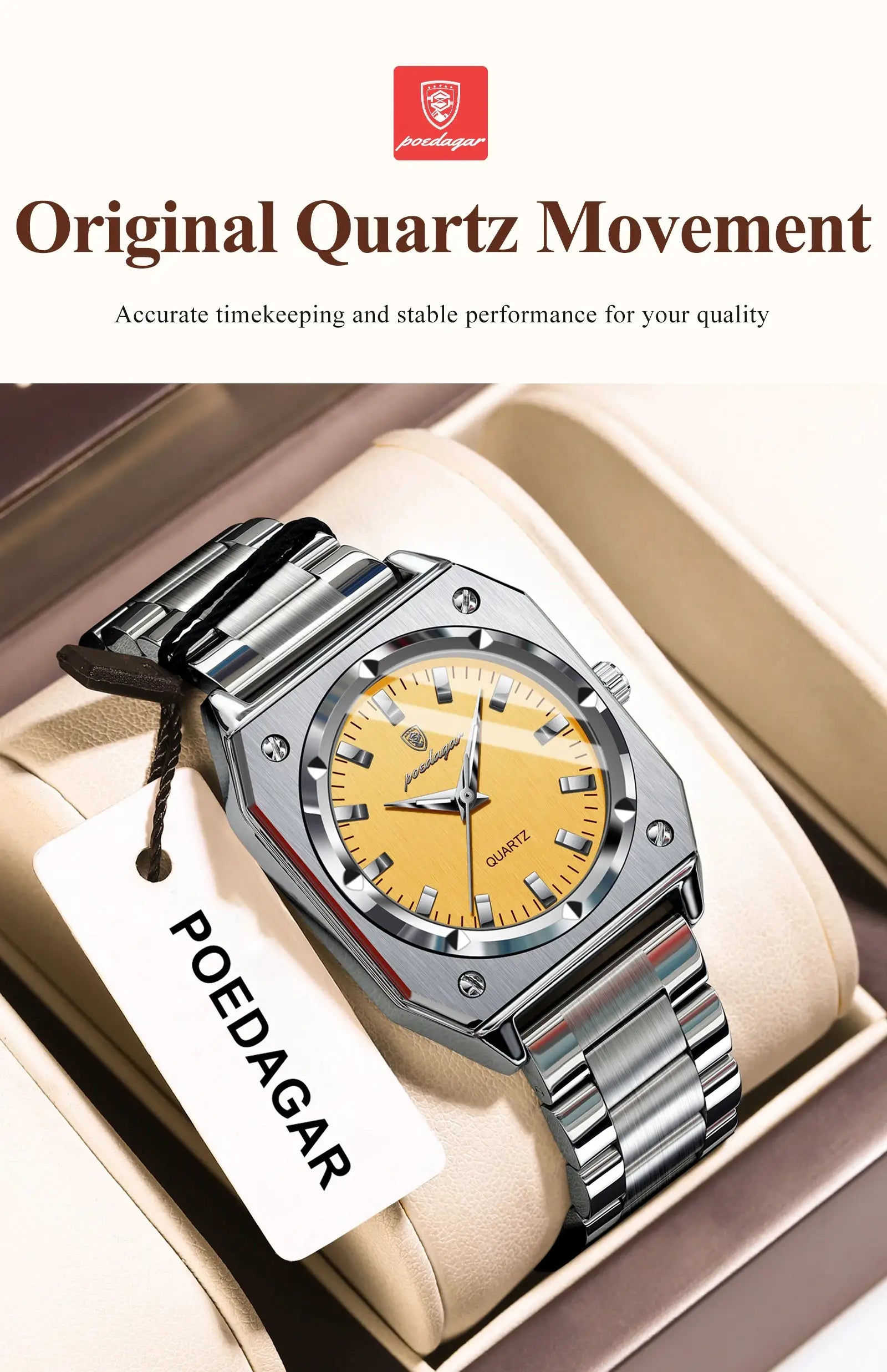 POEDAGAR elegant ladies wristwatch, stainless steel bracelet, yellow dial.