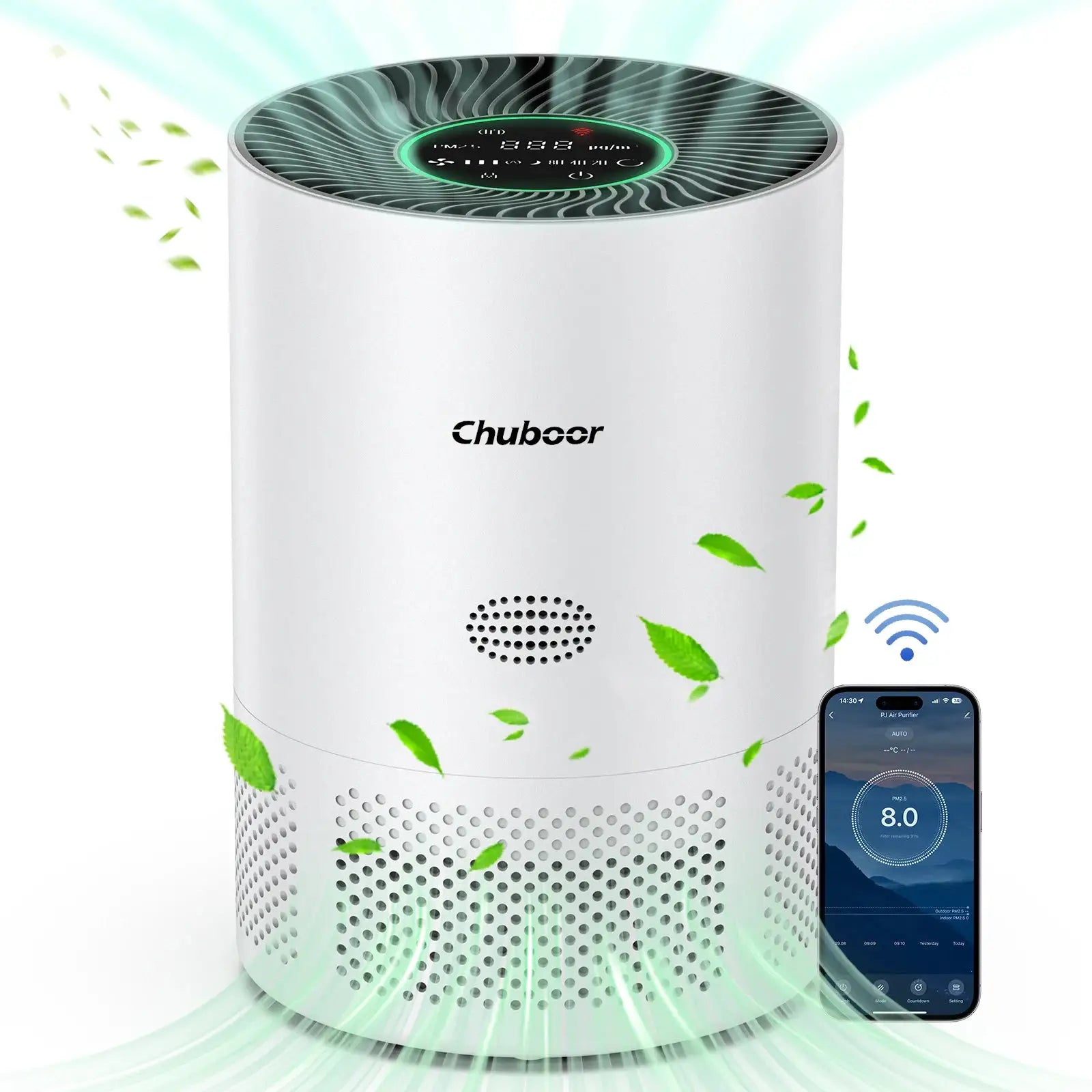 Chuboor white cylindrical air purifier with H13 True HEPA, app-controlled for smart filtering