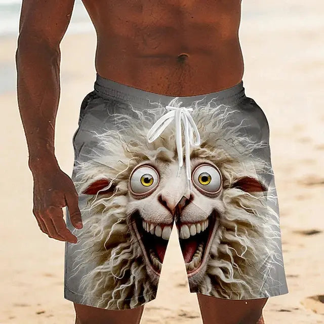 Mens beach shorts by Simples Market with gray 3D duck graphic and drawstring waist