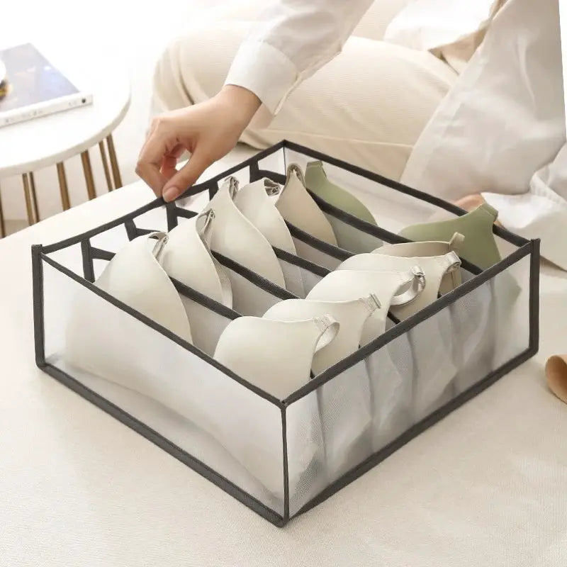 Organizer storage box for underwear and bras, eight compartments; black frame with white mesh panels