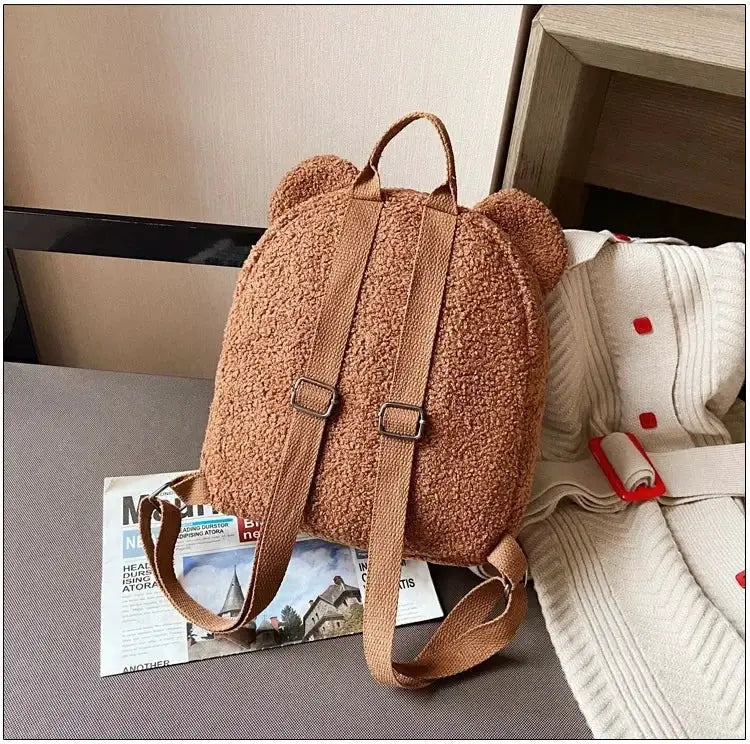 Cute bear-ear fleece kids backpack, brown plush mini daypack with adjustable straps
