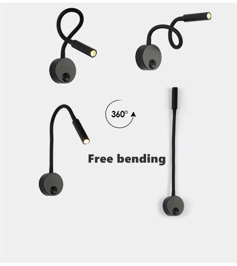LED flexible hose wall lamp; black gooseneck spotlight with switch