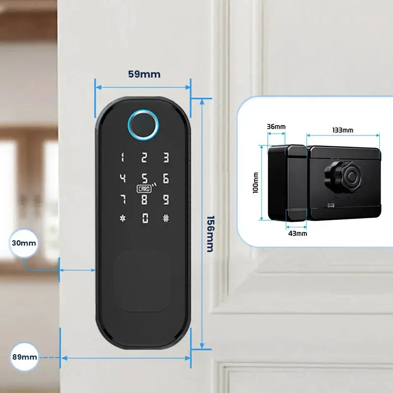 R5 PRO outdoor smart door lock by Simples Market, black with fingerprint keypad