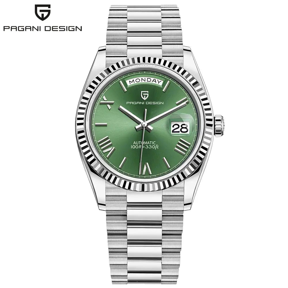 Pagani Design men's stainless steel watch with green dial, day/date window, fluted bezel, automatic.