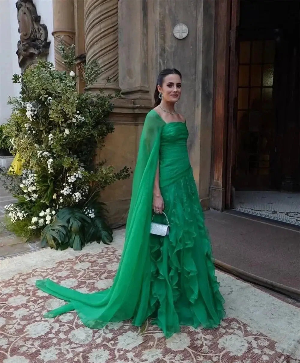 Ruffles Prom Dress Chiffon A Line Evening Gown With Detachable Shawl