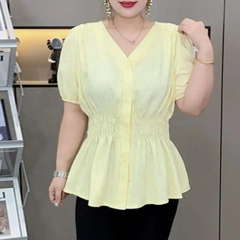 Plus Size Elastic Waist V Neck Puff Sleeve Blouse For Summer