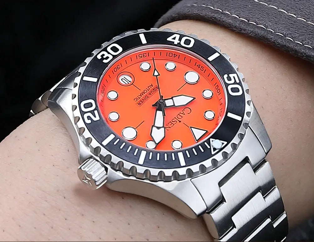 CADISEN Aqua Diver men's watch with orange dial and stainless steel bracelet, 100m water resistant