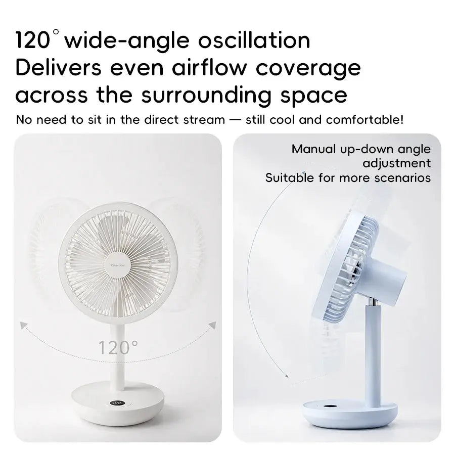 Kinscoter desk fan in white with 120° wide-angle oscillation and manual up-down angle adjustment