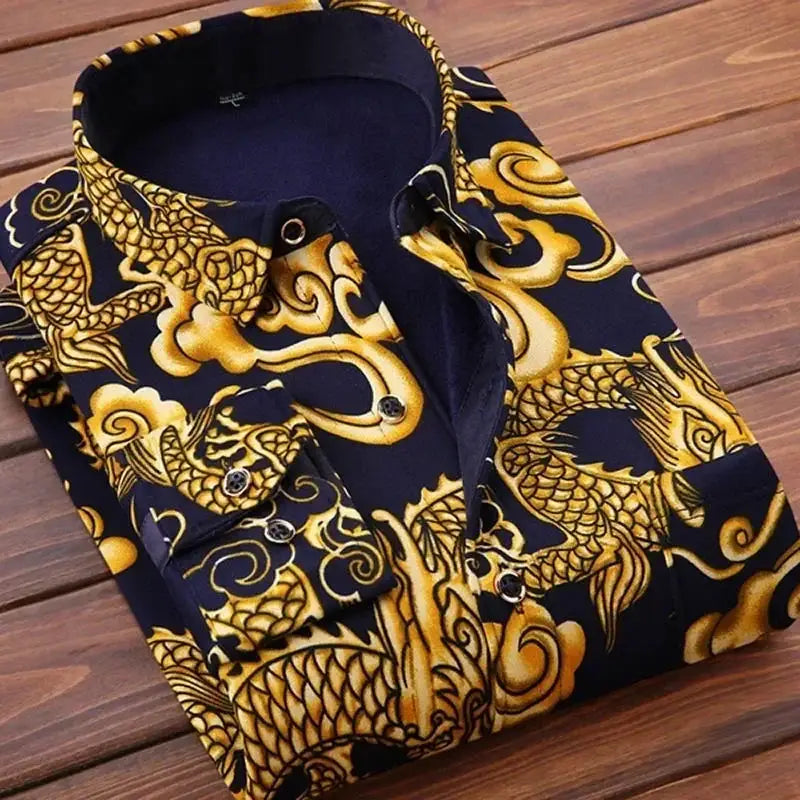 Men's long-sleeve shirt with gold dragon print on navy fabric from Simples Market