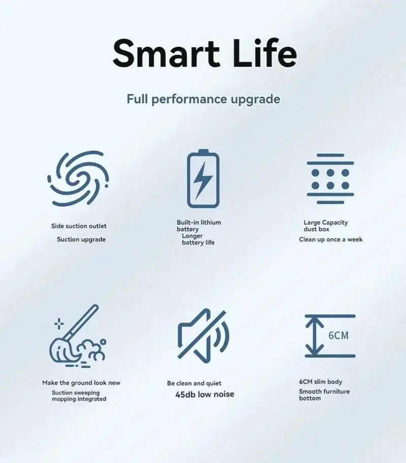 Smart Vacuum Cleaning Robot by Simples Market; slim 6cm body, low-noise 45dB, built-in lithium battery, large dust box
