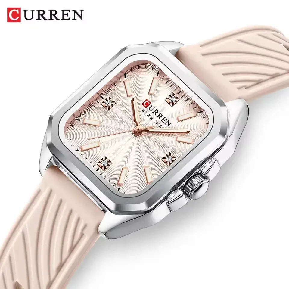 Curren 9113 ladies' quartz watch with rose-gold dial and pink silicone strap, stainless case, waterproof