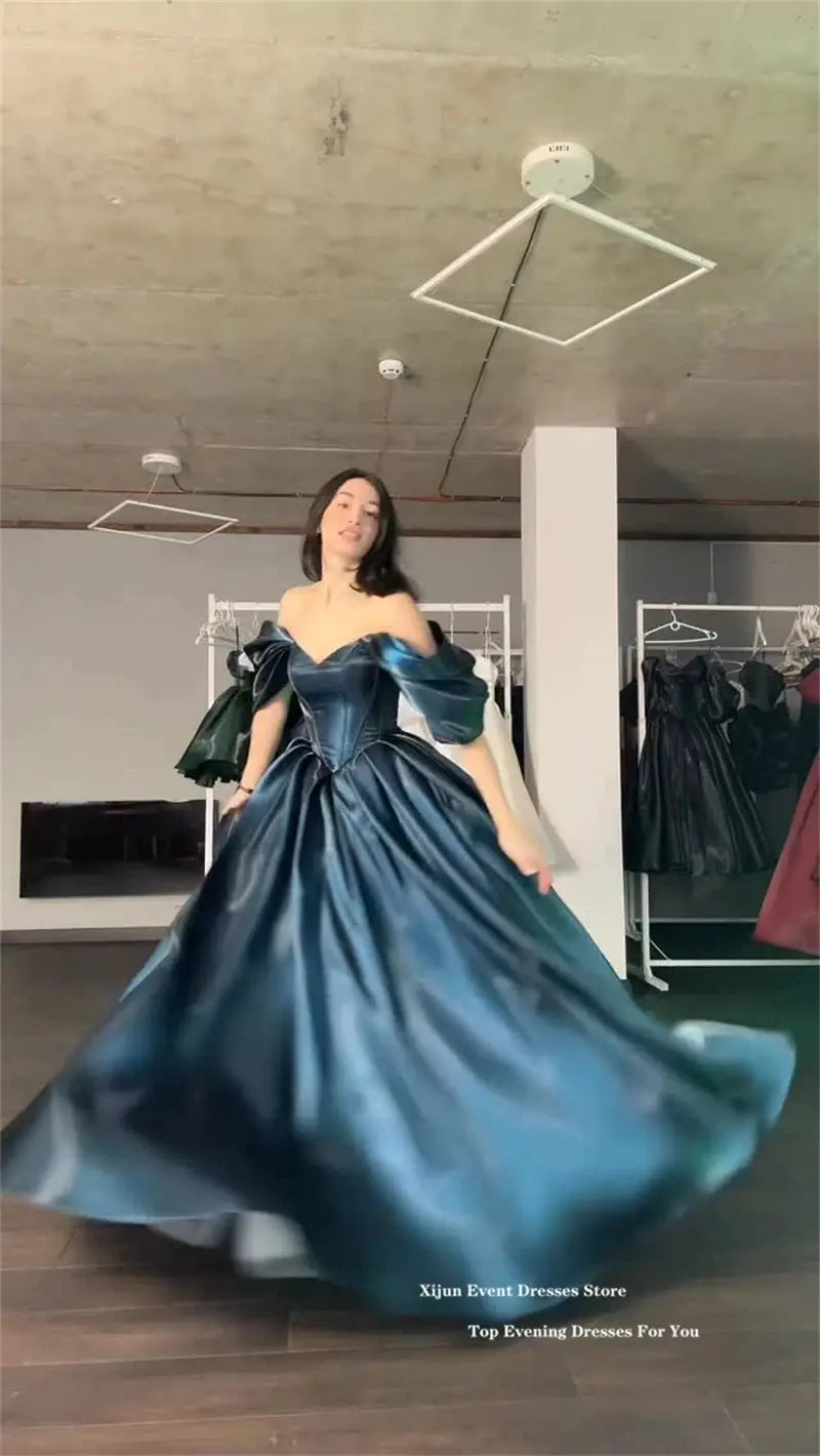 Xijun Turquoise Off Shoulder A Line Evening Gown Satin Prom Dress