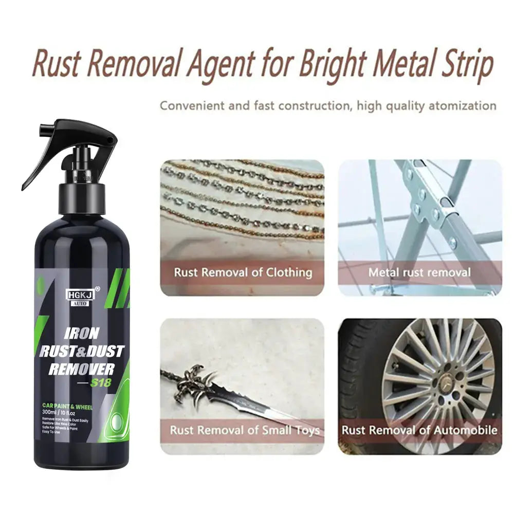 Iron Rust & Dust Remover spray bottle by Simples Market, black with green accents, for metal surfaces and auto rims.