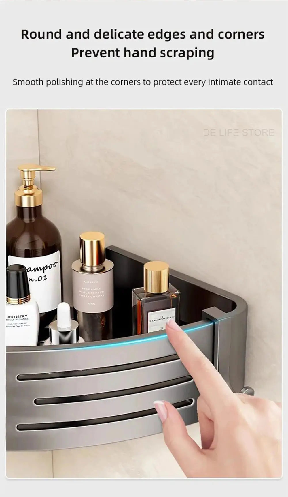 Bathroom corner shelf with plastic hook towel bar, space aluminum, no-drill mount by Simples Market