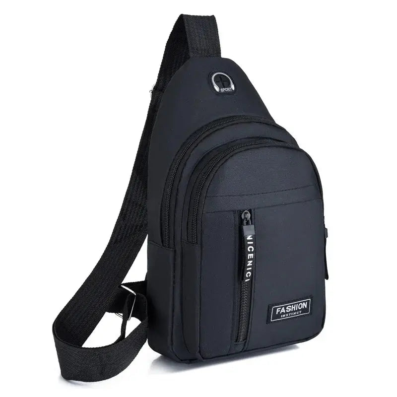 Black Oxford chest bag with multiple zip pockets, adjustable strap, Fashion Instinct label