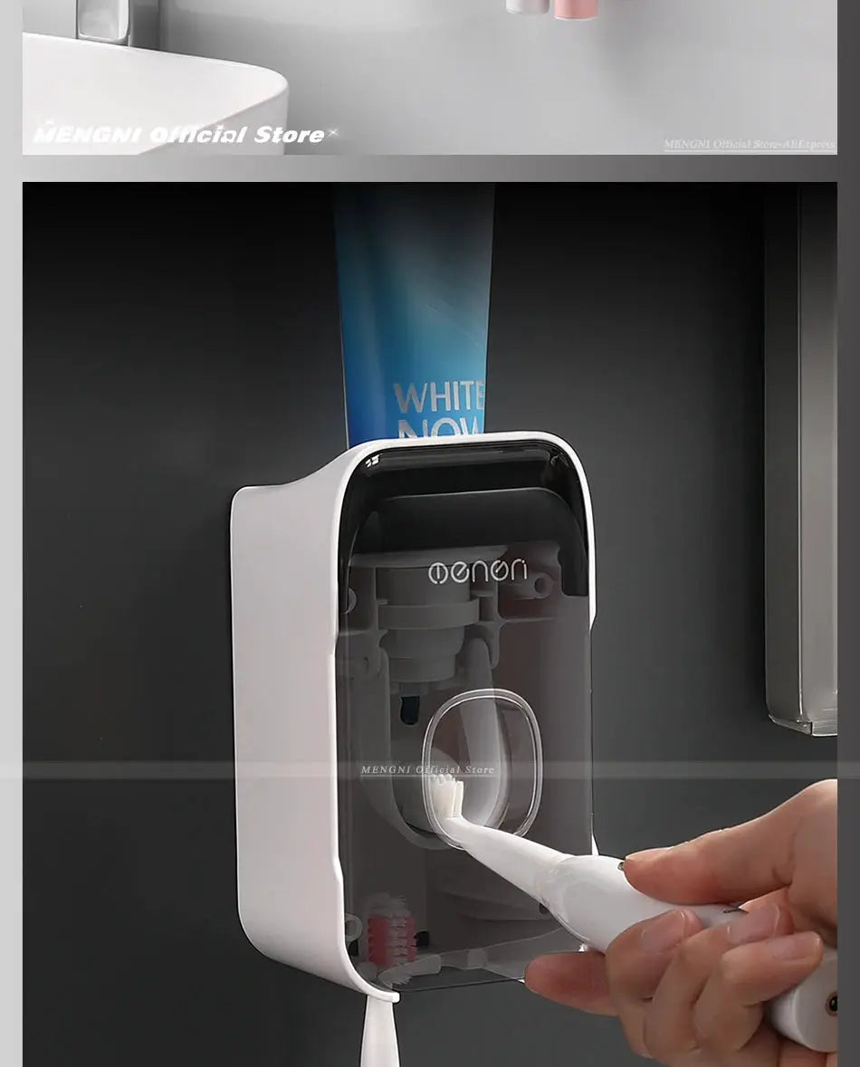 MENGNI toothpaste dispenser wall-mounted with toothbrush holder; white and black finish, by Simples Market