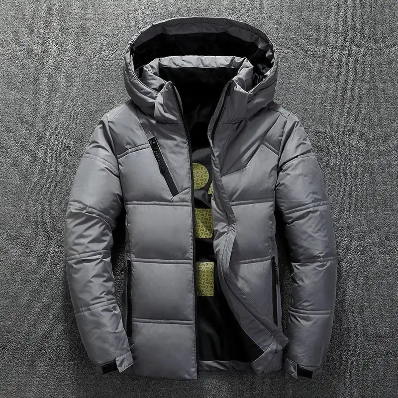 Men's gray puffer winter jacket with hood and stand collar by Simples Market