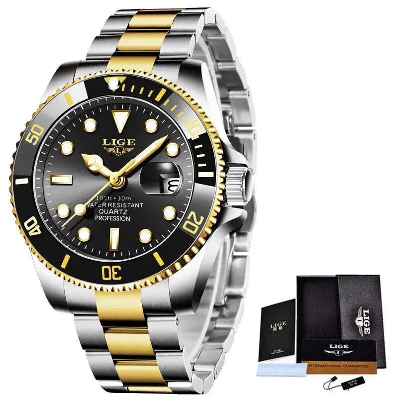 LIGE Luxury Fashion Diver Watch For Men 30ATM Waterproof Quartz Date Stainless Steel Wristwatch